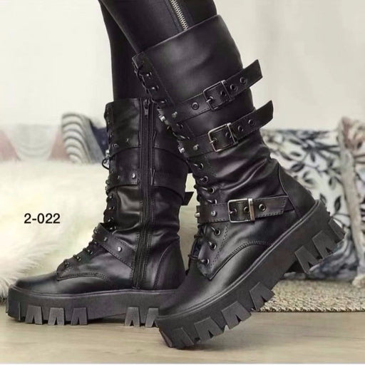 European And American Mid-calf Buckle Knight Boots Women