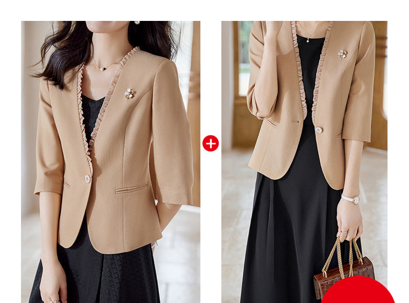 Women's Collarless Professional Casual Three Quarter Sleeve Suit Jacket