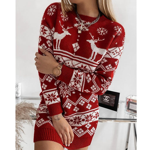 Elk Snowflake Christmas Jacquard Knitted Dress Long Knitted Sweaters