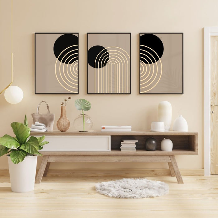 Arte de pared geométrico en beige, negro y marrón claro, impresiones de arte moderno de mediados de siglo, decoración bohemia minimalista abstracta, decoración de pared bohemia