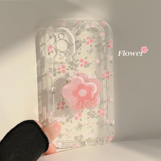 Crushed Flower Flowing Sand Stand Phone Case Transparent