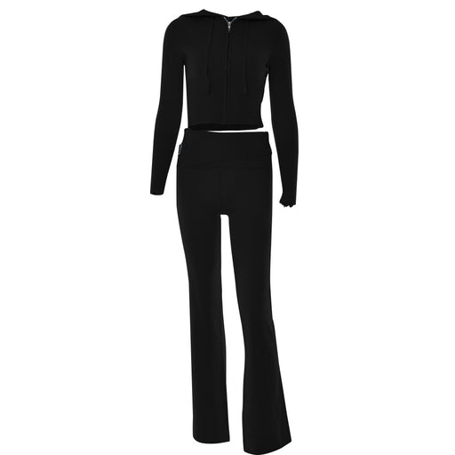 Style Cross-border Knitted Hooded Suits Fashion Sexy High Waist Long Sleeves Trousers Two-piece Set