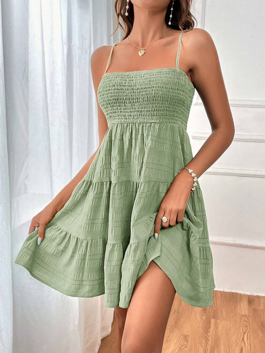 Summer Square-collar Suspender Pleated Dress Fashion Solid Color Beach Dresses For Womens Clothing