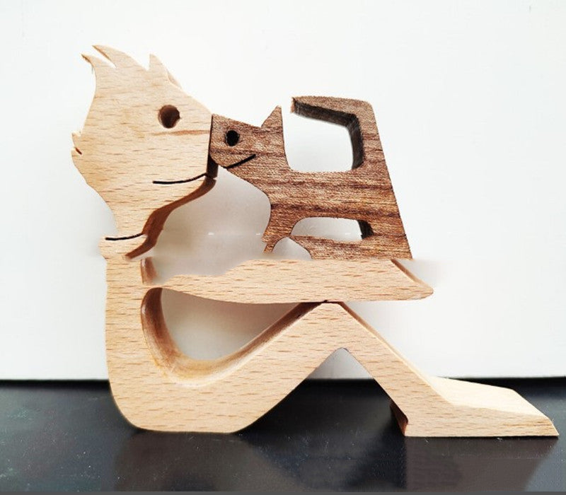 DIY Figurine Wood Dog Ornament Sculpture Home Decoration A Man A Dog Wood Sculpture Christmas Gifts Model Decor