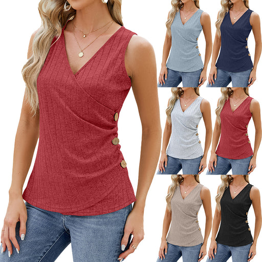 Fashion Vest With Button Design New Sleeveless V-neck T-shirt Solid Color Tank Tops Summer Women's Clothing