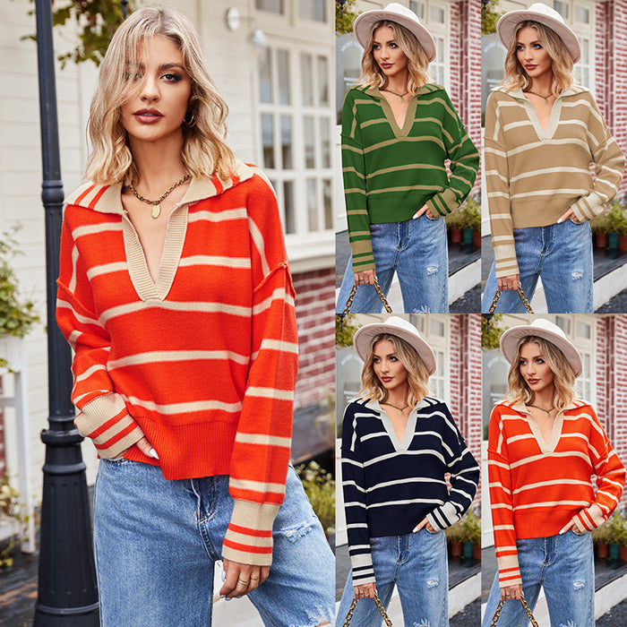 Women's Fashion Patchwork Stripes Lapel Loose Sweater