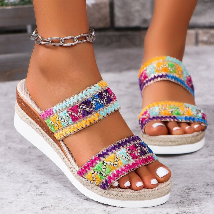 Fashion Wavy Pattern Woven Sandals Summer Casual Ethnic Style Slippers Linen Bottom Wide Strap Wedges Shoes For Women