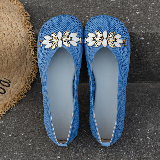 Round Toe Flat Shoes With Floral Metal Decoration Women's Knitted Soft-soled Shoes