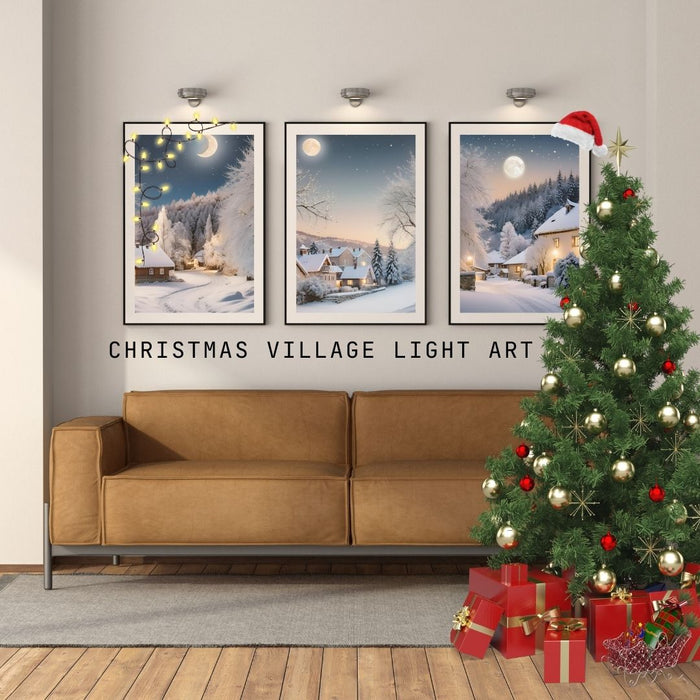 Christmas Village Light Art | Outdoor Snow Scene with Moonlight | Holiday Printable Decor | High-Resolution Download| Cozy Christmas Village