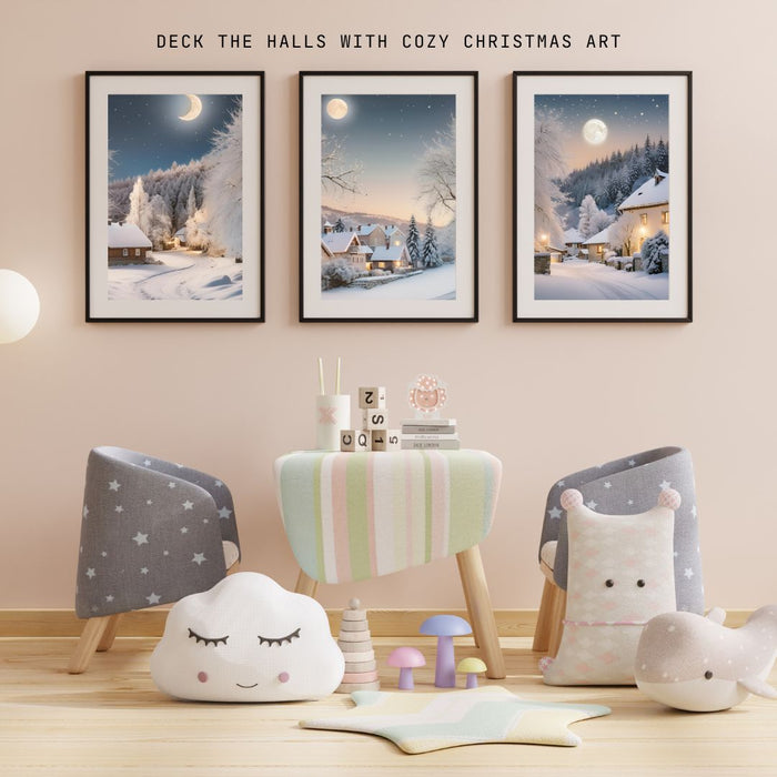 Christmas Village Light Art | Outdoor Snow Scene with Moonlight | Holiday Printable Decor | High-Resolution Download| Cozy Christmas Village