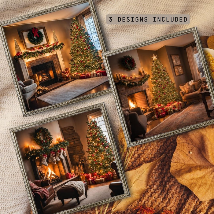 Cozy Fireplace Scene Art | Indoor Christmas Vibes | 3 Wall Decor Prints | High-Resolution Digital Download | Festive Holiday Designs