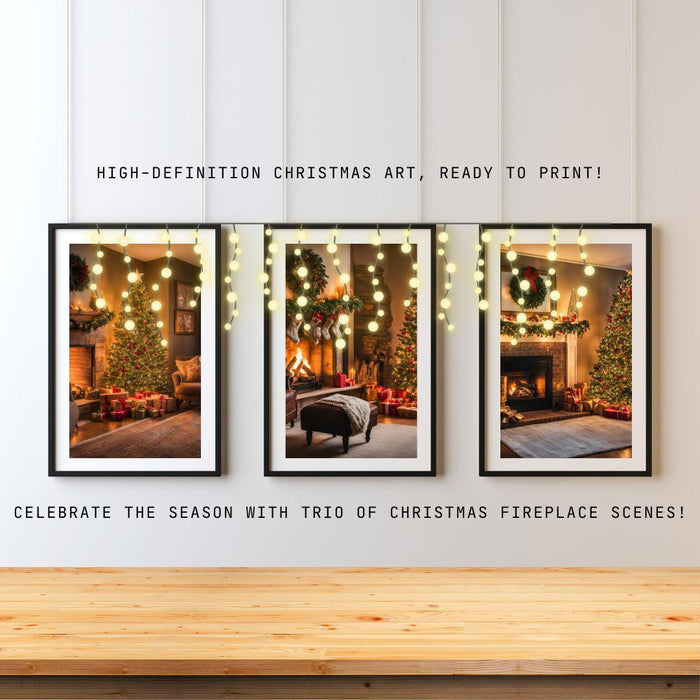 Cozy Fireplace Scene Art | Indoor Christmas Vibes | 3 Wall Decor Prints | High-Resolution Digital Download | Festive Holiday Designs