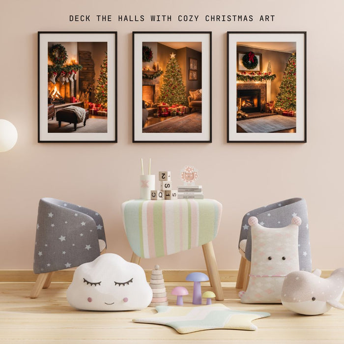 Cozy Fireplace Scene Art | Indoor Christmas Vibes | 3 Wall Decor Prints | High-Resolution Digital Download | Festive Holiday Designs