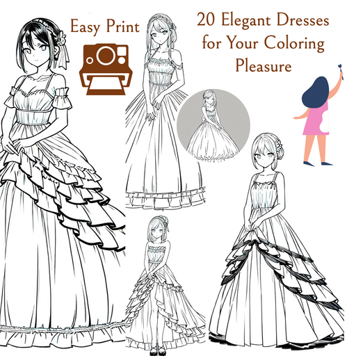 Chic Dresses Coloring Set: 20 Styles, Easy Print, Pure Fun for Your Kids