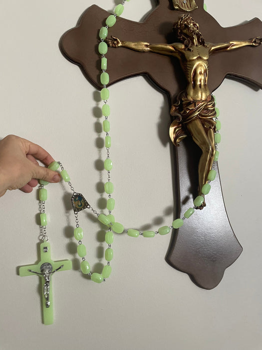 Fluorescent green rosary cross necklace wall or door hanging grow in dark