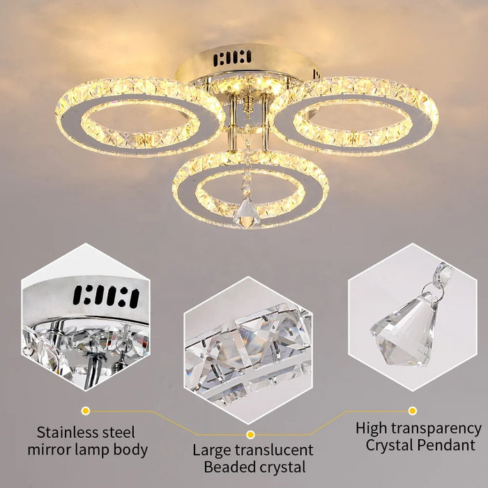 Modern 3 Rings Crystal Stainless Steel led Chandelier Lamps For Living Room
