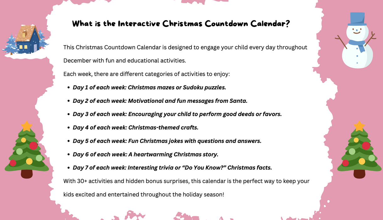 Interactive Christmas Countdown Calendar for Kids | 30+ Fun Activities | Editable Certificate | Family Holiday Games & Crafts | Digital Download