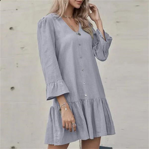 Women's Button Pleated Bell Sleeve Cotton And Linen Dress
