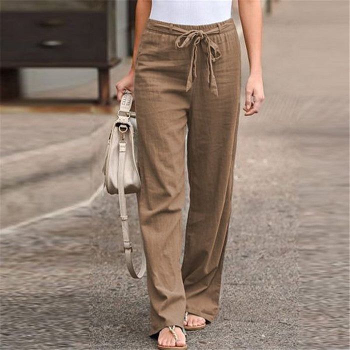 European And American Cotton And Linen Casual Wide-leg Pure Color Elastic Waist Lace-up Loose Women's Trousers