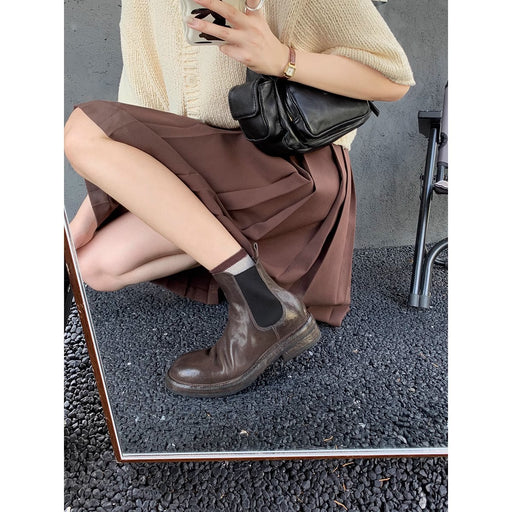 Washed Horse Leather Pleated Chunky Heel Platform Smoke Pipe Boots For Women