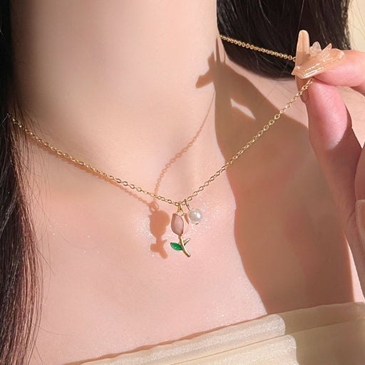 Tulip Pearl Necklace Female Pendant Clavicle Chain