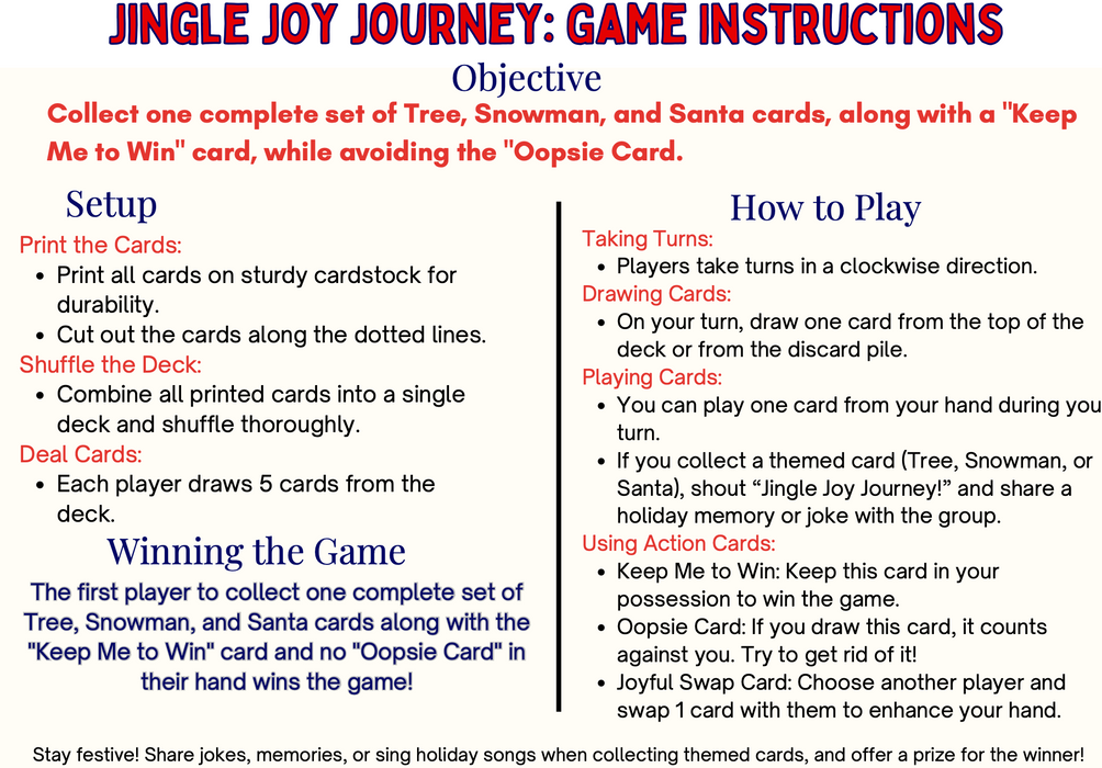 Jingle Joy Journey | Juego de cartas navideñas para familiares y amigos | Descarga digital