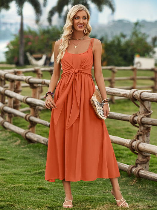 Solid Color Suspender Long Dress Spring And Summer Bow Waist Tie Design Dress Womens Clothing