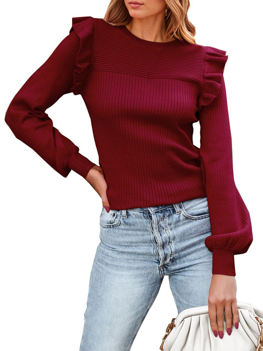 Ruffled Shoulder Long Sleeve Round Neck Slim Rib Knitted Sweater