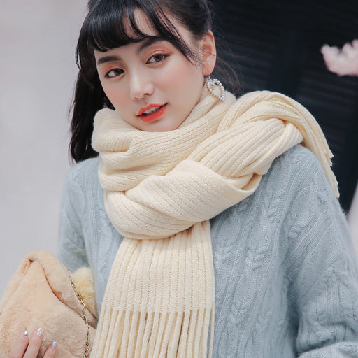 Thickened Warm Long Solid Color Tassel Knitted Wool Scarf