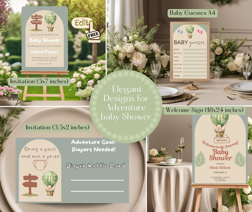 Adventure Baby Shower Complete Package |Invitations, Thank You Cards, Diaper Raffle, Cupcake Toppers & More,Beige and Sage Green Baby Shower - FORHERA DESIGN - DigitalPrint