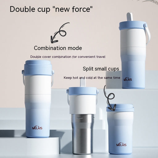 Stainless Steel Large Capacity Double Lid Double Bottle Sports Cup With Straw