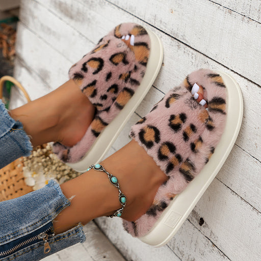 Fashion Winter Slipper Leopard Print Thick-soled Warm Fur Slippers Home Indoor And Wutdoor Shoes