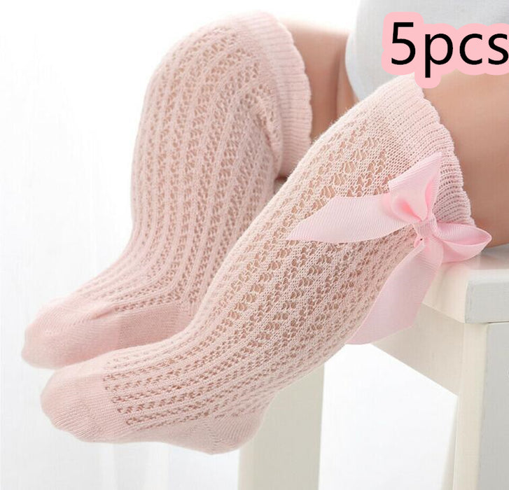 Baby Infants Kids Toddlers Girls Boys Knee High Socks Tights Leg Warmer Ribbon Bow Solid Cotton Stretch Cute Lovely