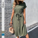 Summer Short Sleeve Long Dress With Button Pocket Design Fashion Lace-up Turn Down Collar Womens Clothing
