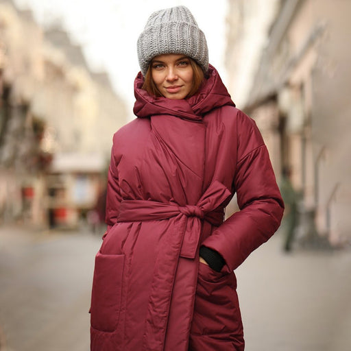 Snow Thickened Coat Hooded Belt Long Cotton Padded Jacket Women