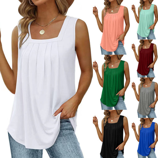 Summer Tank Tops For Women Loose Fit Pleated Square Neck Sleeveless Tops Vest T-shirt