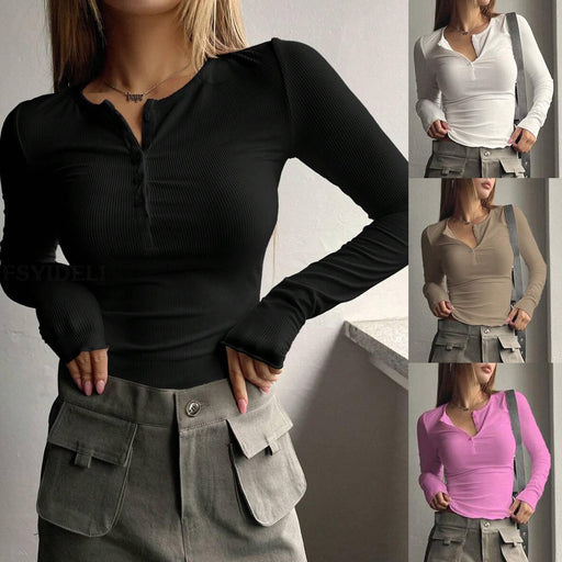 Women's Long Sleeve Breasted V-neck Slim-fit Crop-top