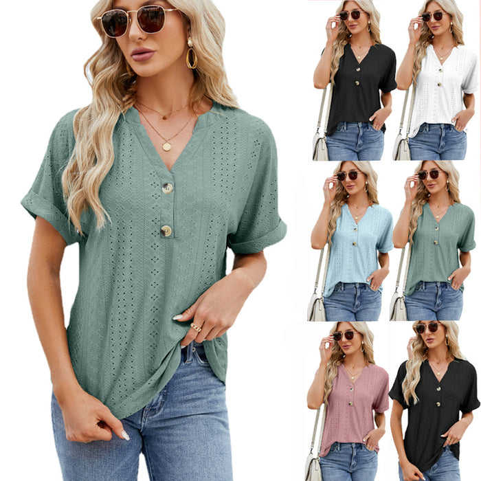 V-neck Rolled Hem Short-sleeved Top Summer Fashion Button Hollow Design Loose Casual T-shirt Womens Clothing