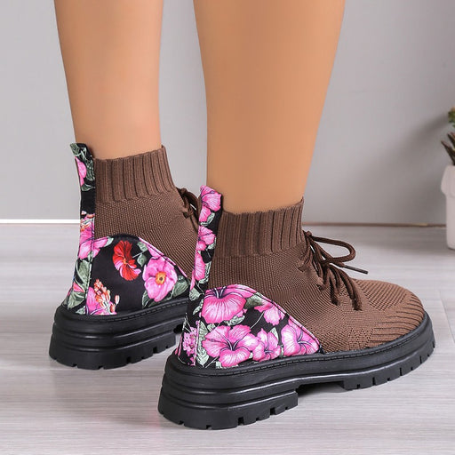 Flowers Print Sock Boots Knitted Mesh Shoes Breathable High-top Elastic Slip-on Shoes For Women Autumn Winter Ankle Boots