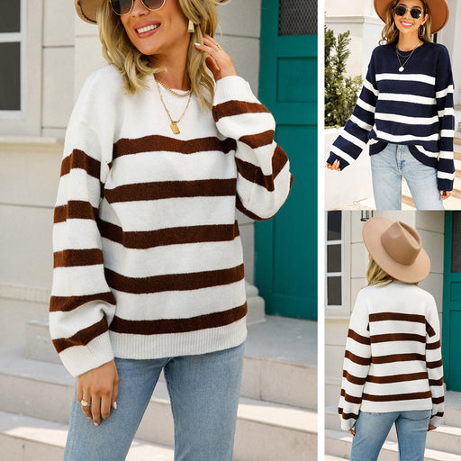Round Neck Slim Pullover Sweater Loose Striped Sweater