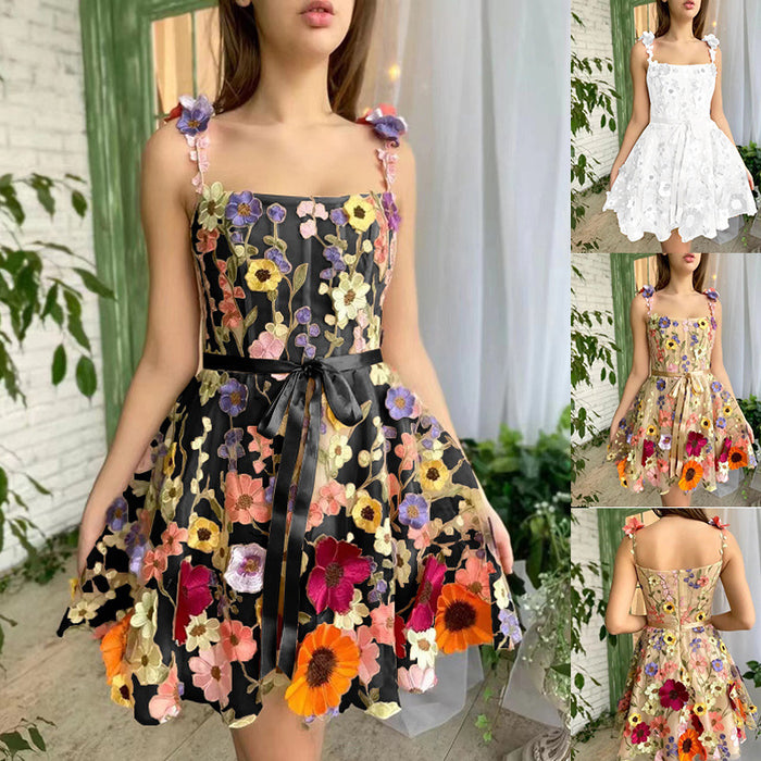 Vestido tridimensional con bordado de flores, moda de verano, dulce vestido con tirantes, corte en A, ropa para mujer