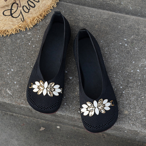 Round Toe Flat Shoes With Floral Metal Decoration Women's Knitted Soft-soled Shoes