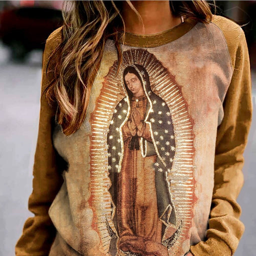 Women's Khaki Virgin Mary Printed Sweater