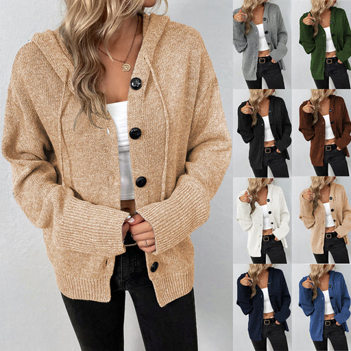 Drawstring Knitted Cardigan Coat Women's Hooded Single-breasted Sweater
