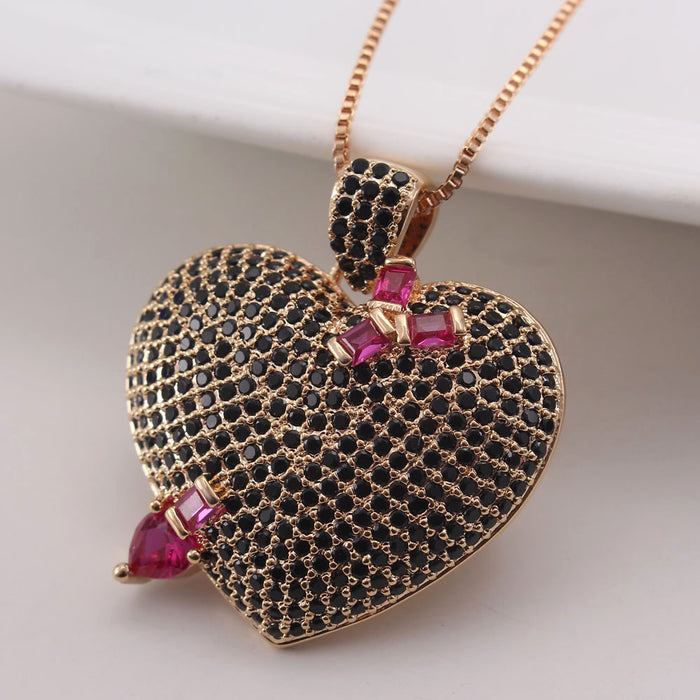 AAA Full Zirconium Necklace Women's Real Gold Plated Copper Peach Heart Necklace Jewelry
