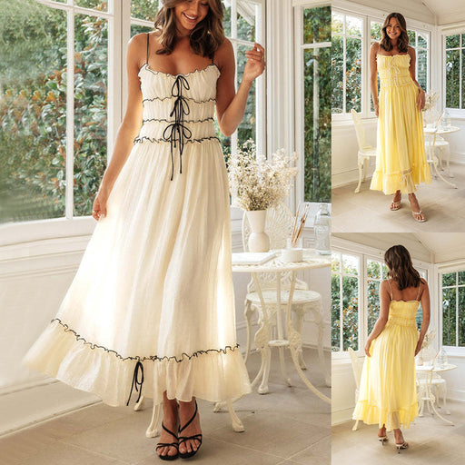 Summer Suspender Long Dresses With Bow Pleat Design Fashion Sweet Beach Dress For Womens Clothing