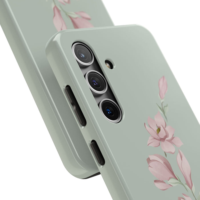 Elegant Pink Magnolia Tough Phone Case | White & Sage Green Background | Floral Protective Case for iPhone & Samsung - FORHERA DESIGN - Phone Case