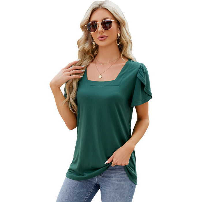 Summer Top Fashion Square Neck Printed Short-sleeved T-shirt With Petal Sleeve Design Bohemian Beach Loose T-shirt For Womens Clothing