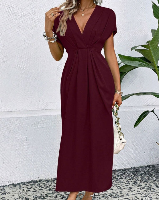 Solid Color Deep V Shoulder Sleeve Folding Elastic Waist Long Dress