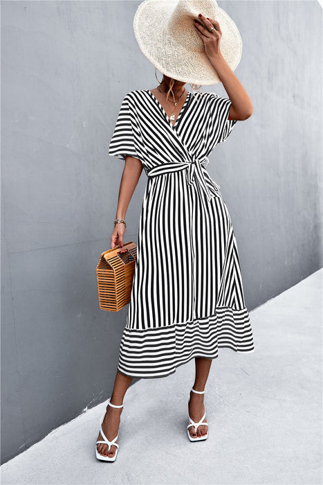 European And American Spring And Summer New Classic Hot Selling Product Cross V-neck Lace-up Striped Dress